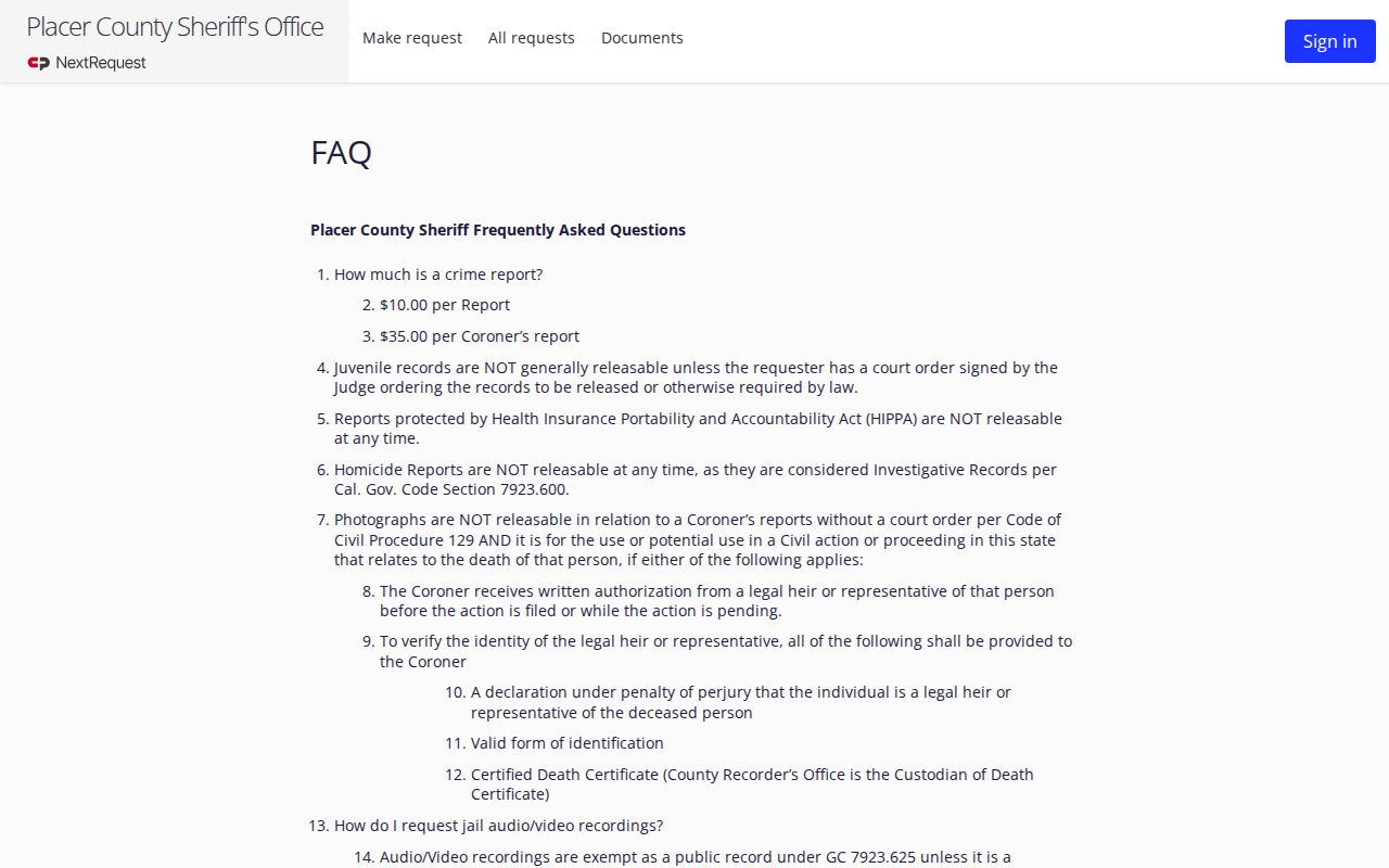 Placer County Sheriff public records FAQ about jail and booking photographs