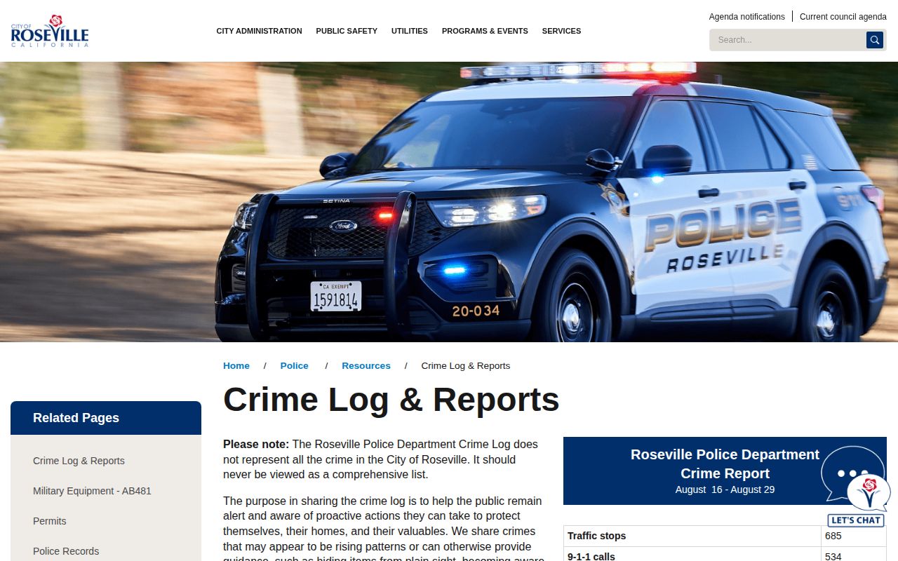 Roseville Police crime-log reports page with aggregate activity information