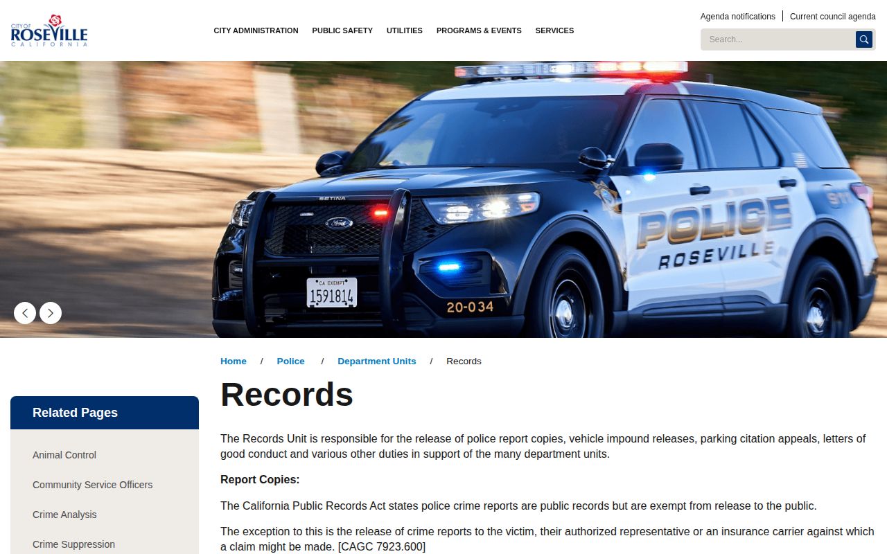 Roseville Police Records Unit webpage for requesting city police records