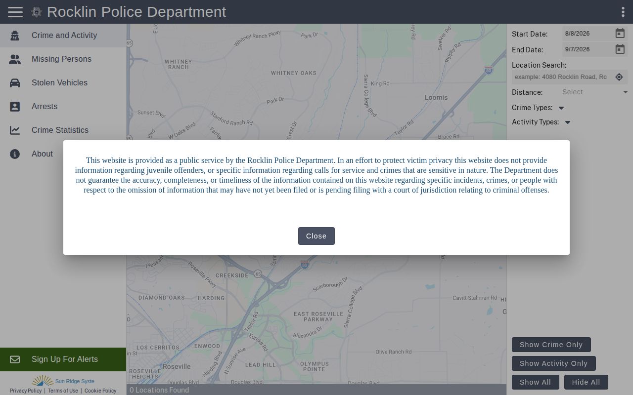 Rocklin Police CitizenRIMS incarcerated-person search interface