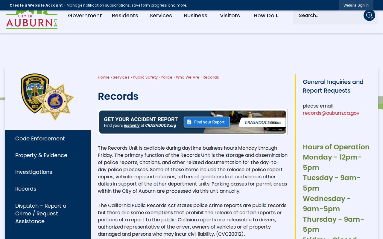 Auburn Police Records page with report request contact information